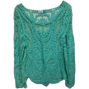 Vintage Mint Lace Sheer Layering Long Sleeve Floral Size Medium Beach Coastal